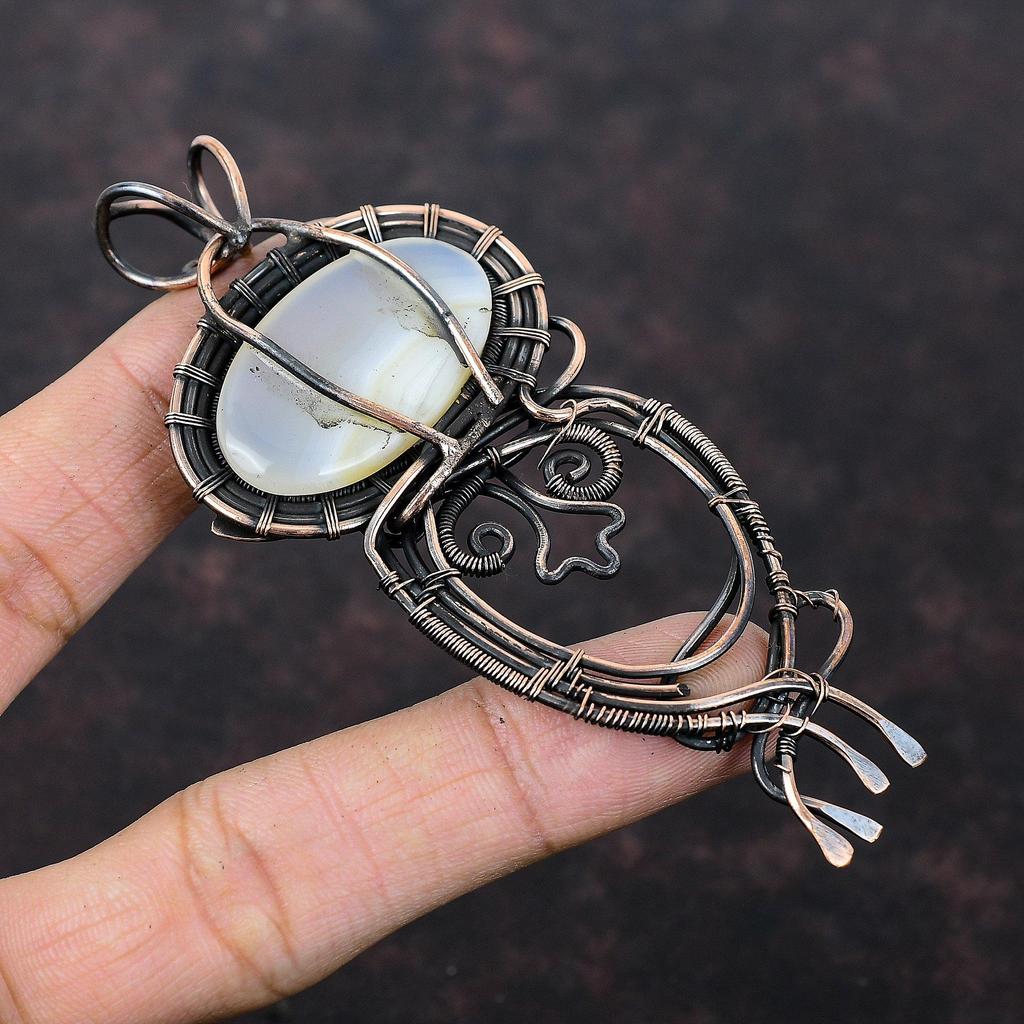 Подвеска из агата Ботсваны, подвеска из медной проволоки с драгоценным камнем, ювелирное изделие ручной работы, подвеска в этническом стиле, подвеска с камнем по рождению, медные ювелирные изделия для подарка