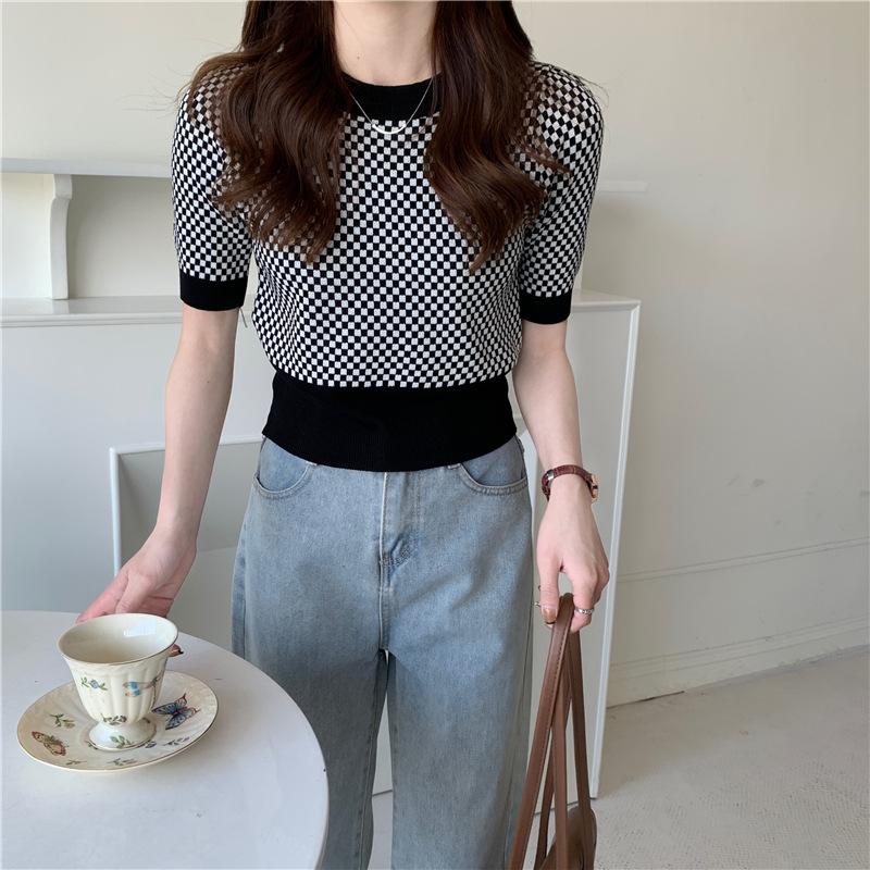 Летняя ретро-клетчатая цветная блокировка с коротким рукавом, трикотажная женская повседневная нижняя рубашка, топ, повседневные летние базовые вещи, комфорт и стиль, облегающие пуловеры, футболки