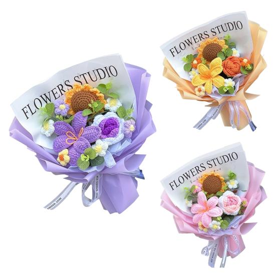 Crochet Flower Bouquet Handmade Knitted Cotton Thread Flowers Artificial Sunflower Wildflower Bouquet for Valentine's Day Anniversary Birthday