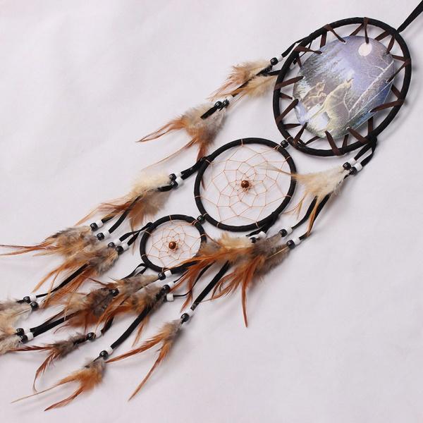 1PC Handmade Dream Catcher Creative Wall Decorations Wolf Pattern Indian Dreamcatcher Retro Feather Ornament Home Room Hanging Decor