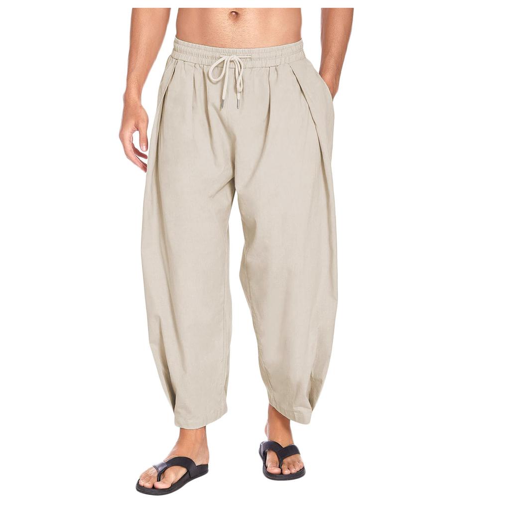 GMXIA Men's Cotton Moharen Pants Drawstring Casual Capri Pants Light Loose Beach Yoga Belt Mouth