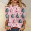 Women's Fashionable Casual Three-Quarter Sleeve Christmas Print Round Neck Top