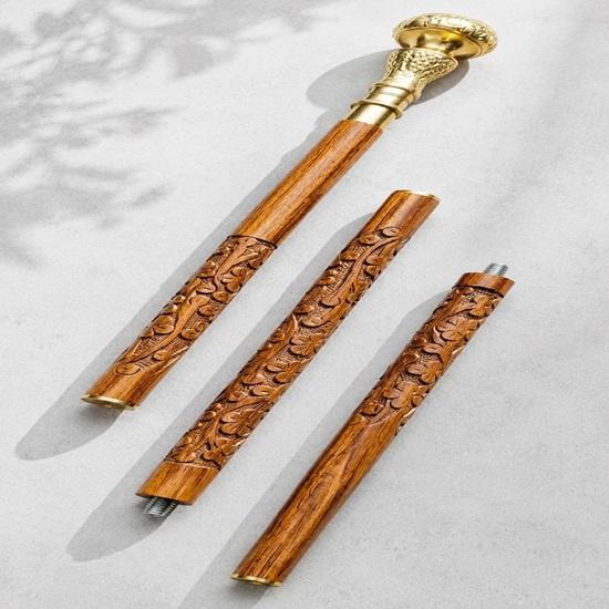 Walking Cane Clock Handle Floral Carved Wooden Stick Brass Gift for Him  93.98 cm