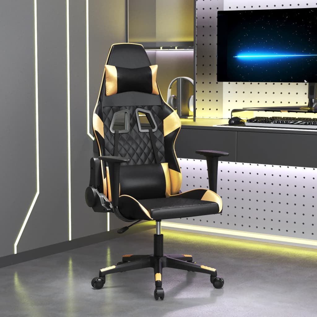 Gaming Chair with Massage Function Black & Gold Faux Leather