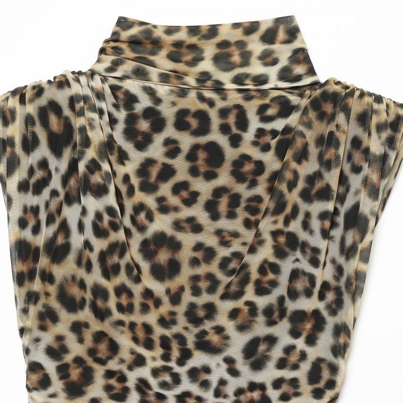 Animal Print Scarf Decorated Mini Dress Loose Fit V-Neck Sleeveless A-Line Daily Wear