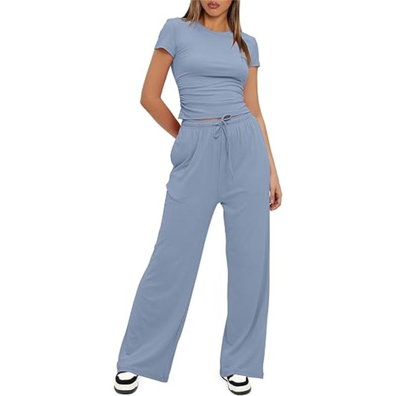Women's Set Summer Short-sleeved Pleated Top Casual Sweatpants