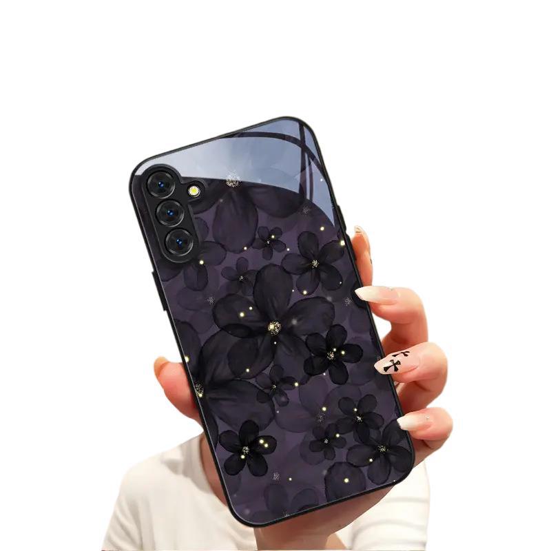 Премиальный Черный Цветок из Пряжи Стеклянный Чехол для Samsung S24 Extreme Edition Чехол для Телефона Galaxy S23plus Чехол