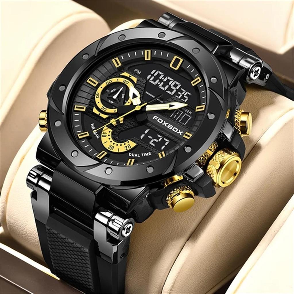 LIGE Sub-brand FOXBOX Fashion Digital Watch Men Dial Dual Display Outdoors Waterproof Sport Luminous Silicone Wristwatch