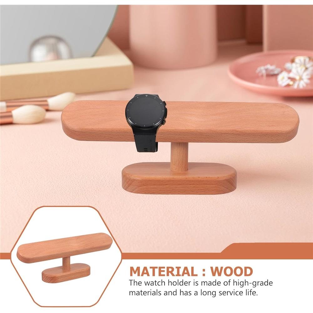 Wooden watch organizer and jewelry display stand, small beech wood watch rack, with necklace and bracelet storage, for desktop accessory organization
