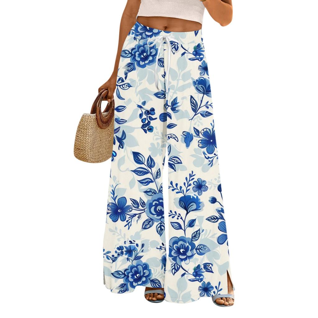 Женские брюки с принтом и широкими штанинами, с карманами, с высокой талией, на кулиске, свободные, повседневные
