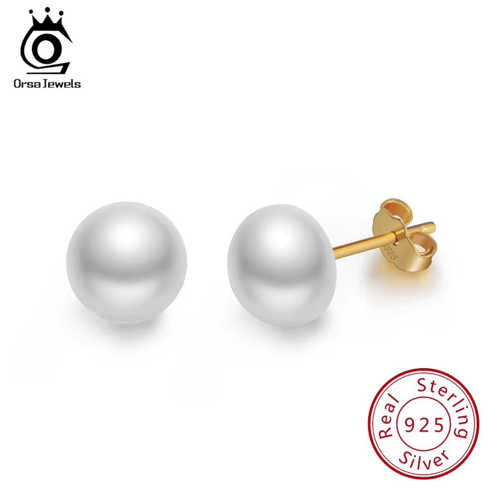 ORSA JEWELS Настоящие серебряные серьги-гвоздики 925 пробы для женщин Настоящий пресноводный жемчуг 8 мм Золотистого цвета Женские праздничные украшения SE86
