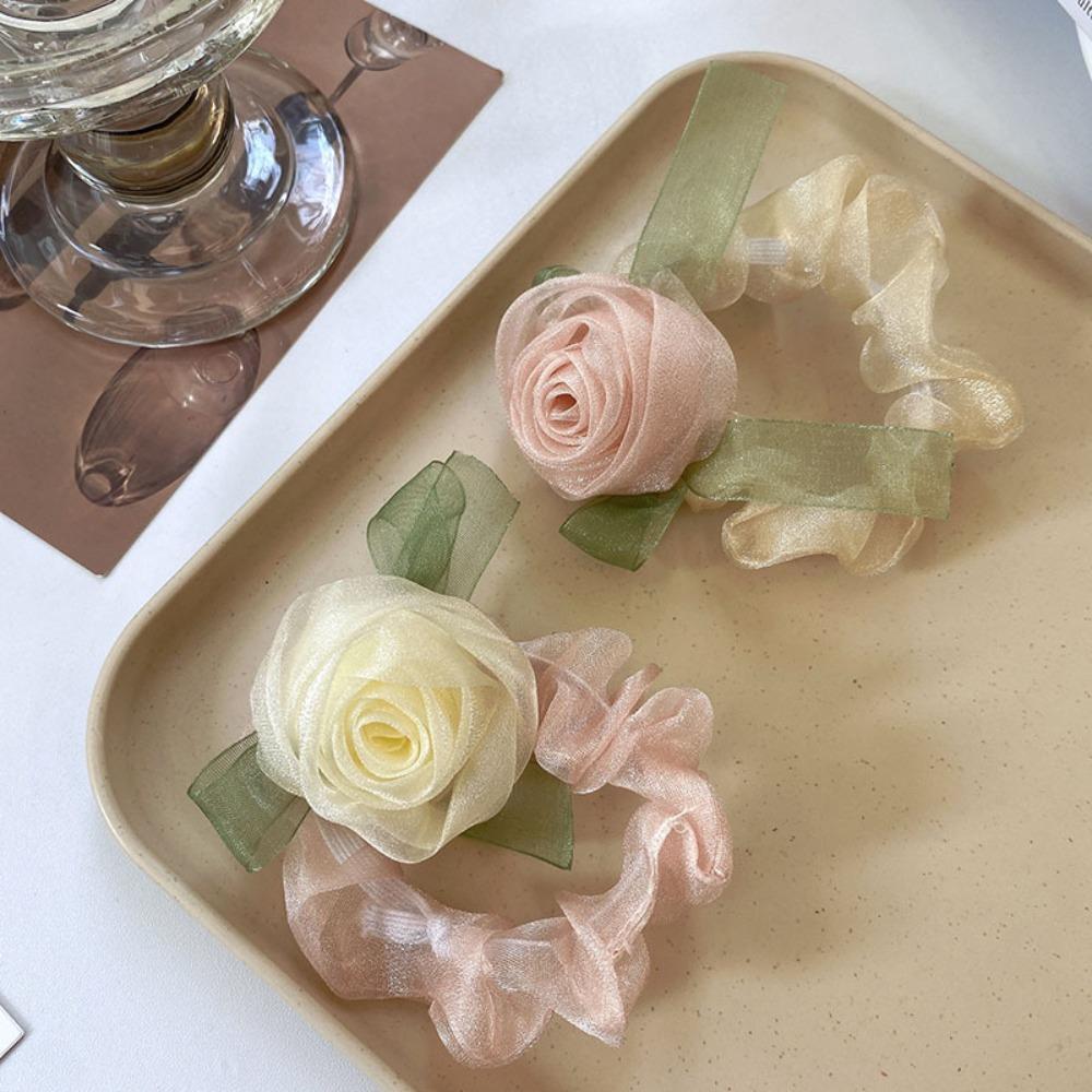 High Elasticity Mesh Yarn Hair Rope Yarn Hair Accessories Trendy Rose Flower Hair Ring