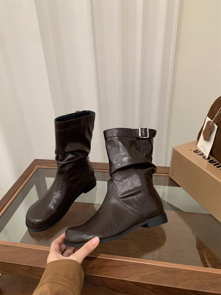 Ботинки-рыцари средней длины на толстом каблуке с ворсом Женские ботинки 2025 Новые весенне-осенние черные ботинки Мартин Узкие коричневые короткие ботинки