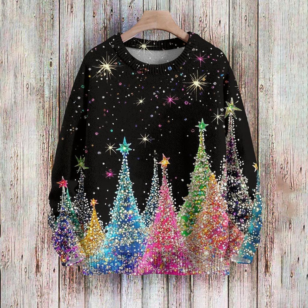 Рождественские толстовки для женщин Вязаный свитер Милая рубашка Осенний свитер с круглым вырезом Топы