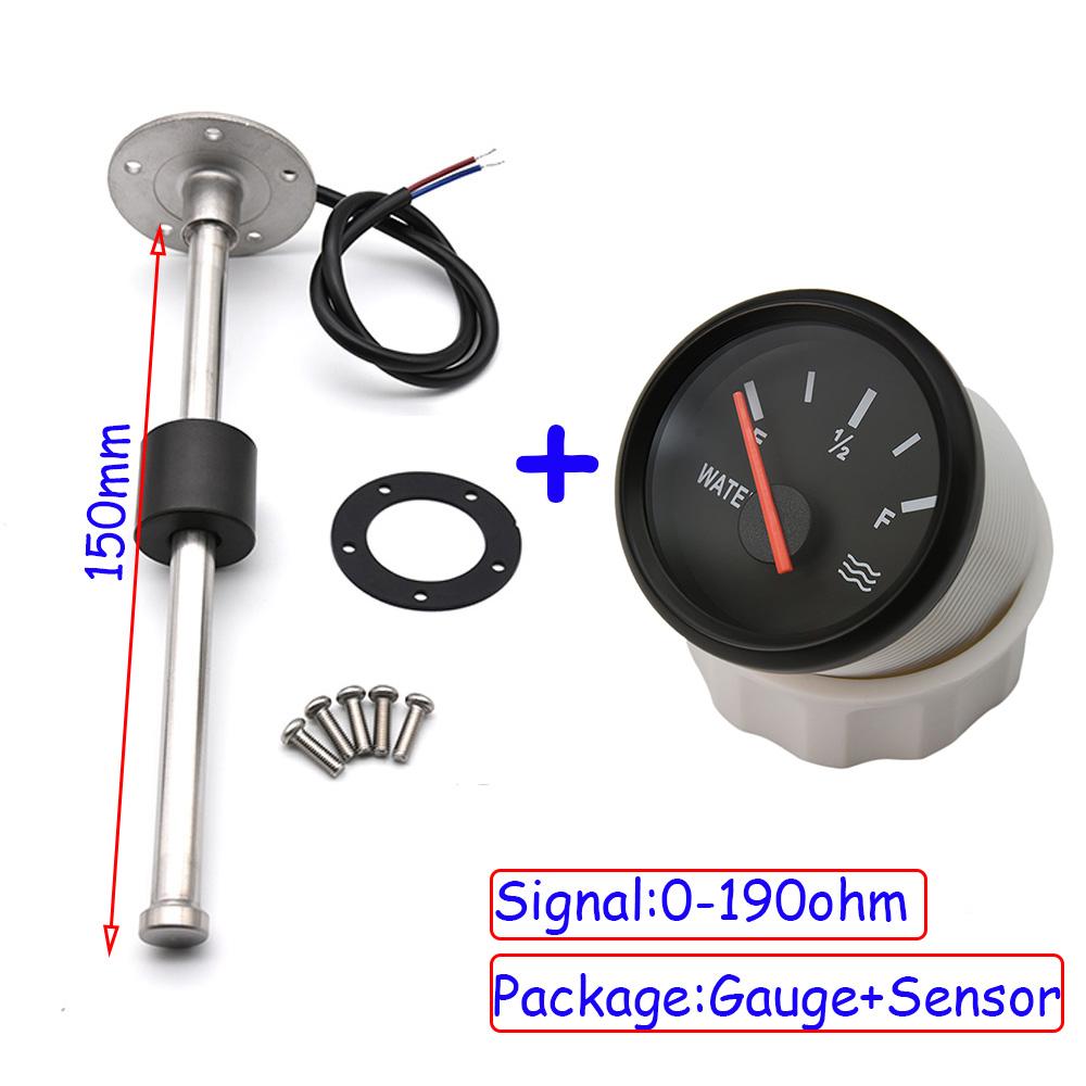 52MM Gauge Water Level Gauge Red Light 0-190 Ohm Water Tank Level Indicator Meter with Fuel Water Level Sensor 150MM 200MM 250MM
