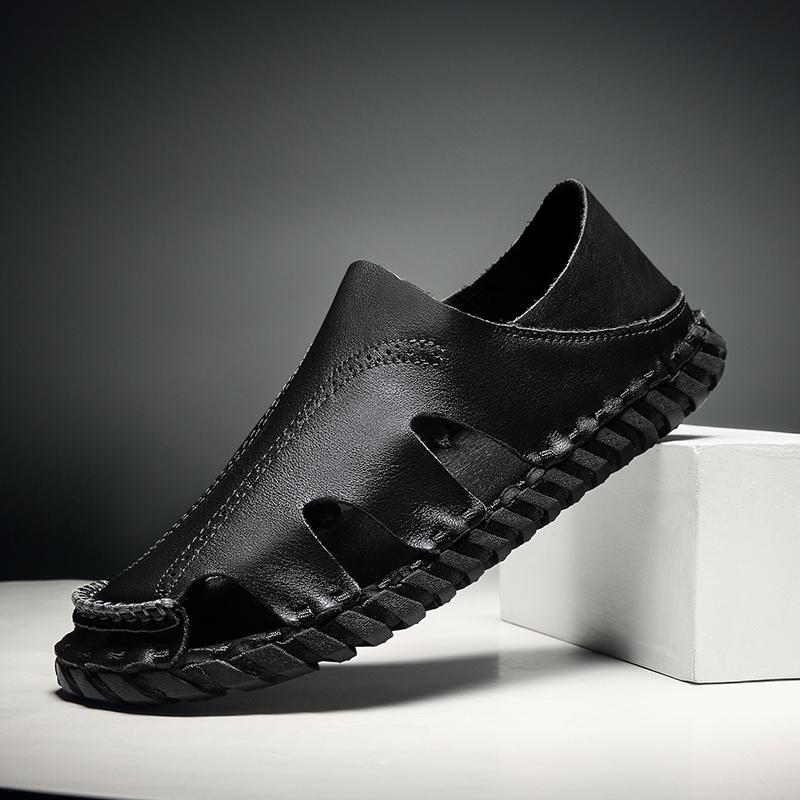 Сандалии мужские из натуральной кожи, прочные, ручной работы, пляжная обувь, противоударный носок, мужские летние туфли на плоской подошве, нескользящие, для дома и улицы