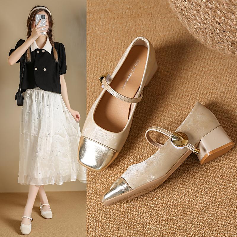 New Woman Sweet Square Toe Low Heels Lolita Shoes Female Cute Classical Ballet Flats Lady Leather Buckle Stap Mary Janes Shoes