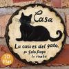 High Definition Iron Painting Spanish La Casa Es Del Gato Black Cat Round Metal Sign for Pet Lovers Home Decor