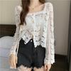 Ladies Hollow Top Women Summer New Long Sleeve Solid Color Square Neck Short Lace Cardigan Fashion Casual Button Female