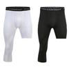 Men White 3/4 Cropped Pants Black One Leg Leggings Exercise Compression Running Tight Training Sport Basketball Base Layer Shorts