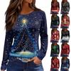 Women's Fashion Casual Slit Hem Round Neck Long Sleeve Loose Printed T-Shirt Ladies Top Christmas