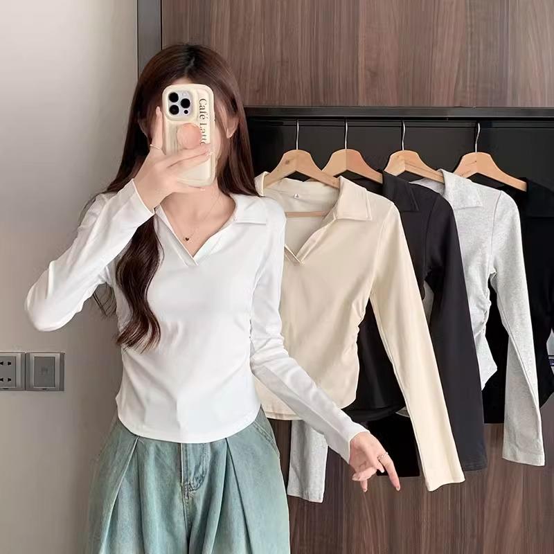 Retro Polo Lapel Long-sleeved T-shirt for Women Early Autumn New Design V-neck Slim Pleated Waist Bottoming Top