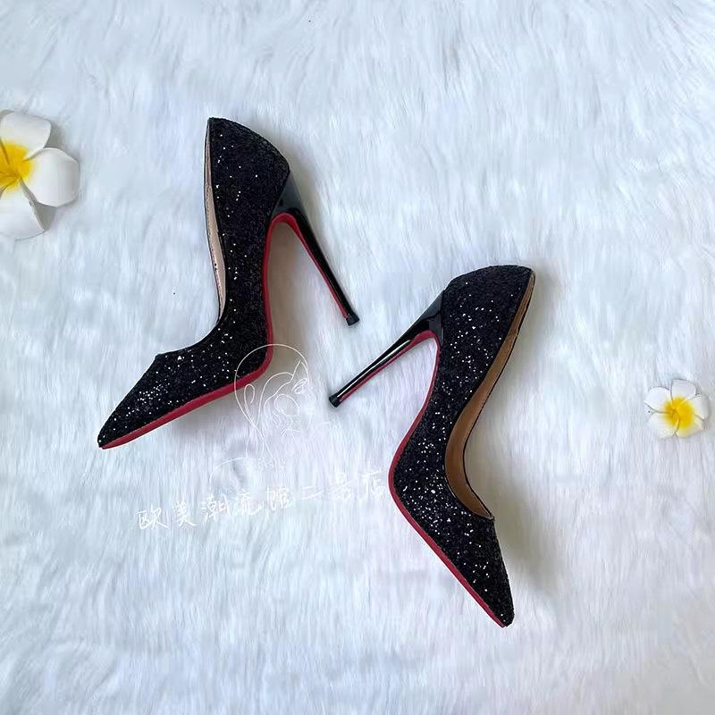 Черные туфли на высоком каблуке с красной подошвой, женские туфли-шпильки, осень-зима 2025, новые свадебные туфли с блестками и кристаллами, остроносые, профессиональные, сексуальные, одинарные туфли