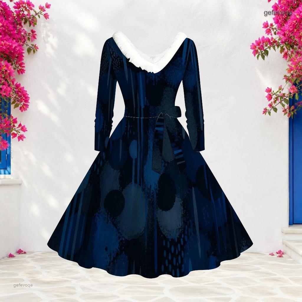 Women Plus Size V Neck Furry Trim Long Sleeve Printed Dark Blue Tie Waist A Line Midi Dress