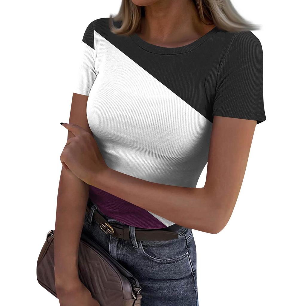 Женская узкая футболка, модный повседневный свитер с круглым вырезом и коротким рукавом