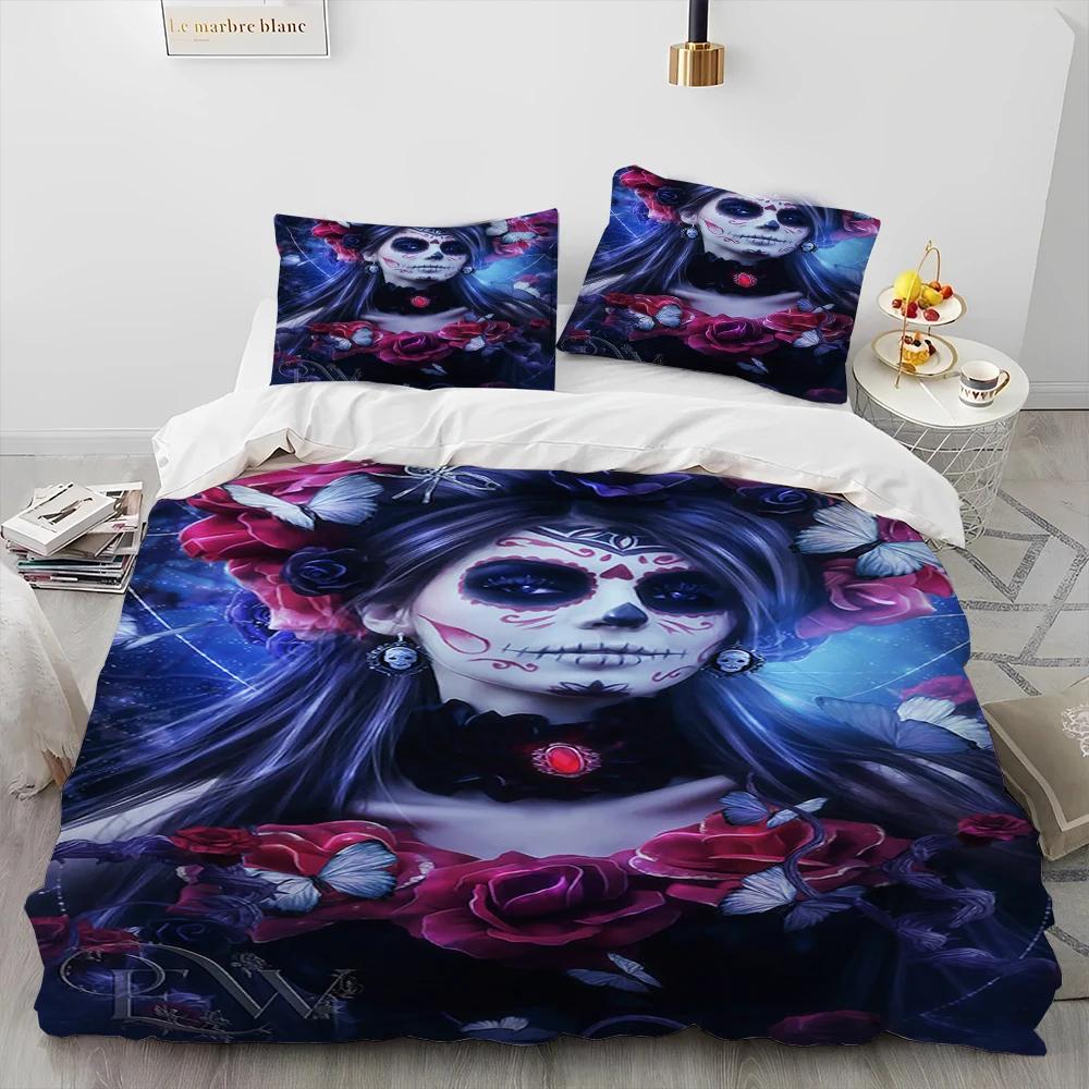 3D Horror Gothic Female Skull Dead Girl Comforter Bedding Set,Duvet Cover Bed Set Quilt Cover Pillowcase,Queen Size Bedding Set