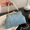 Elegant Evening Clutch Silk Satin for Women Clip Shell Pearl Blue Chain Shoulder Bags Wedding Party Bridal Small Bags New