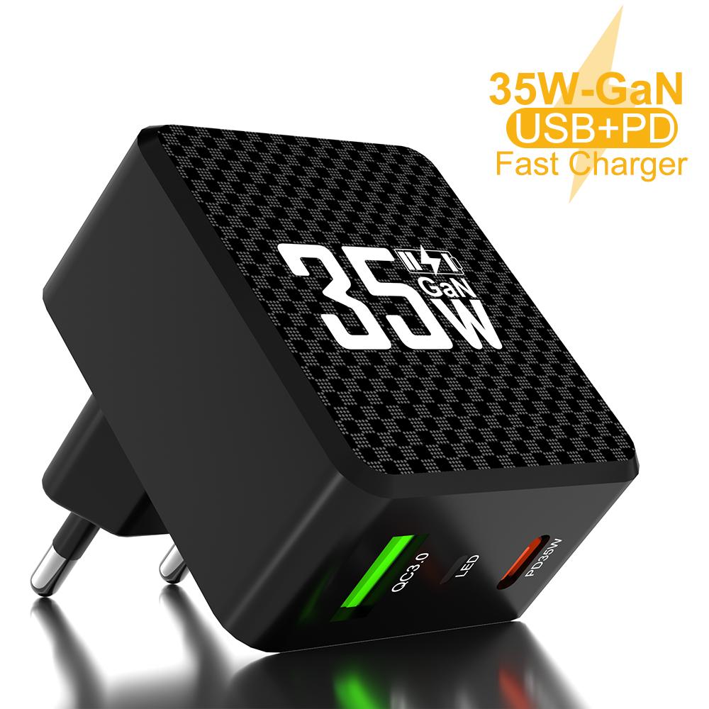 2 Ports Mini 35W GaN USB Type C Charger QC3.0 Portable Fast Charging For 14 Pro 13 Samsung KR/EU/US/UK Plug