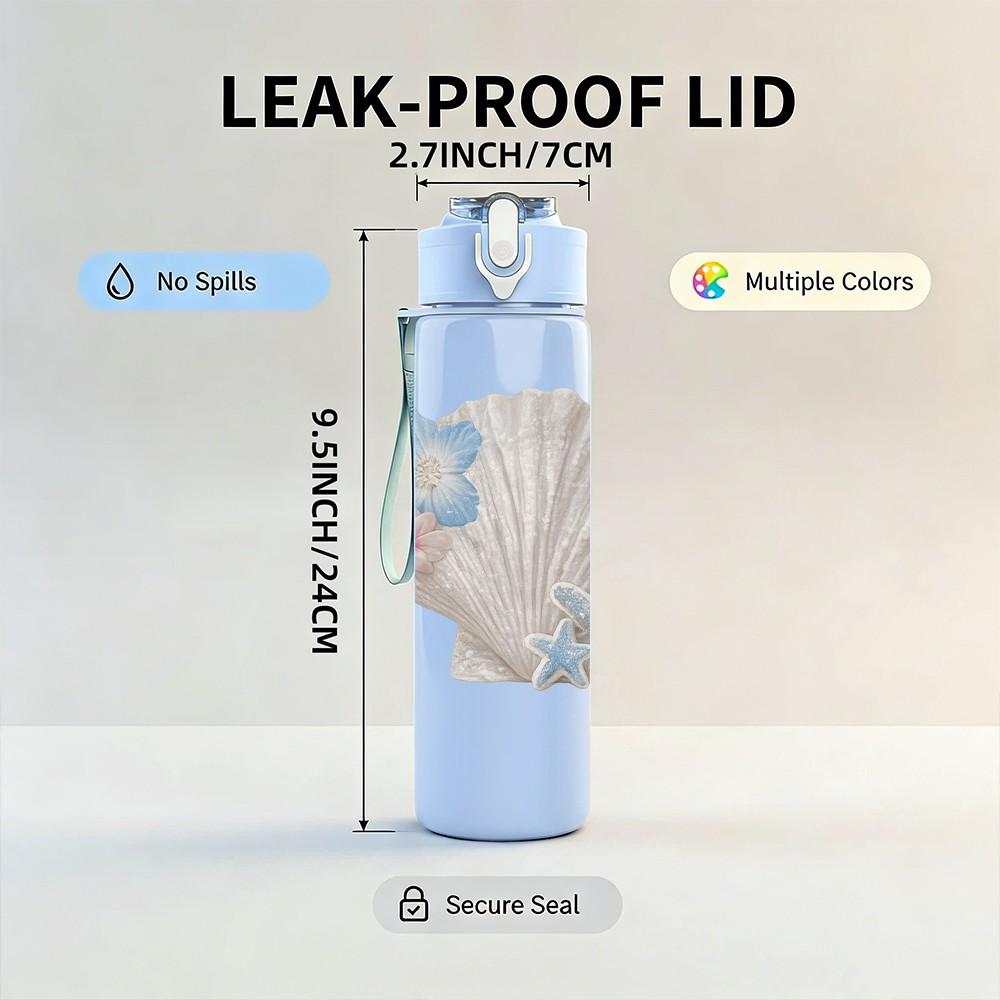 1PC Conch Shell Blue Flower Art Print 750ml Color Plastic Sports Water Bottle Leakproof Flip Straw Lid Suitable for Sports Office Home Use