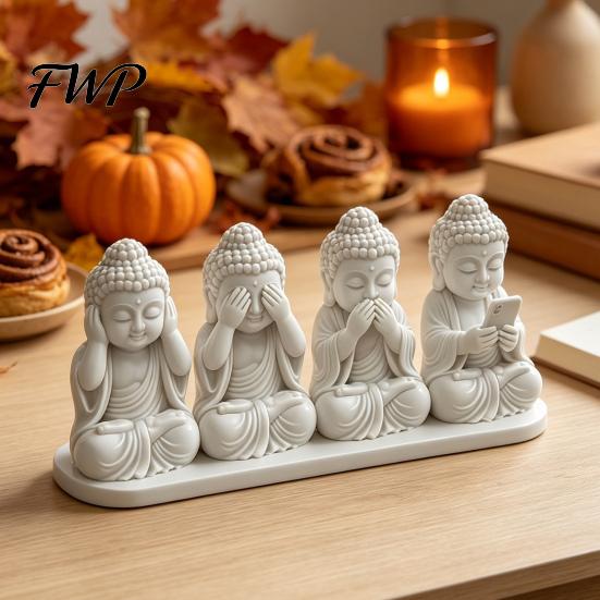 Trendy Office Gadgets 4-in-1 Mini Buddha Statue, See Hear Speak No Evil And Phone, 3D Printed Unique Spiritual Gifts Zen Monk Feng Shui Ornament