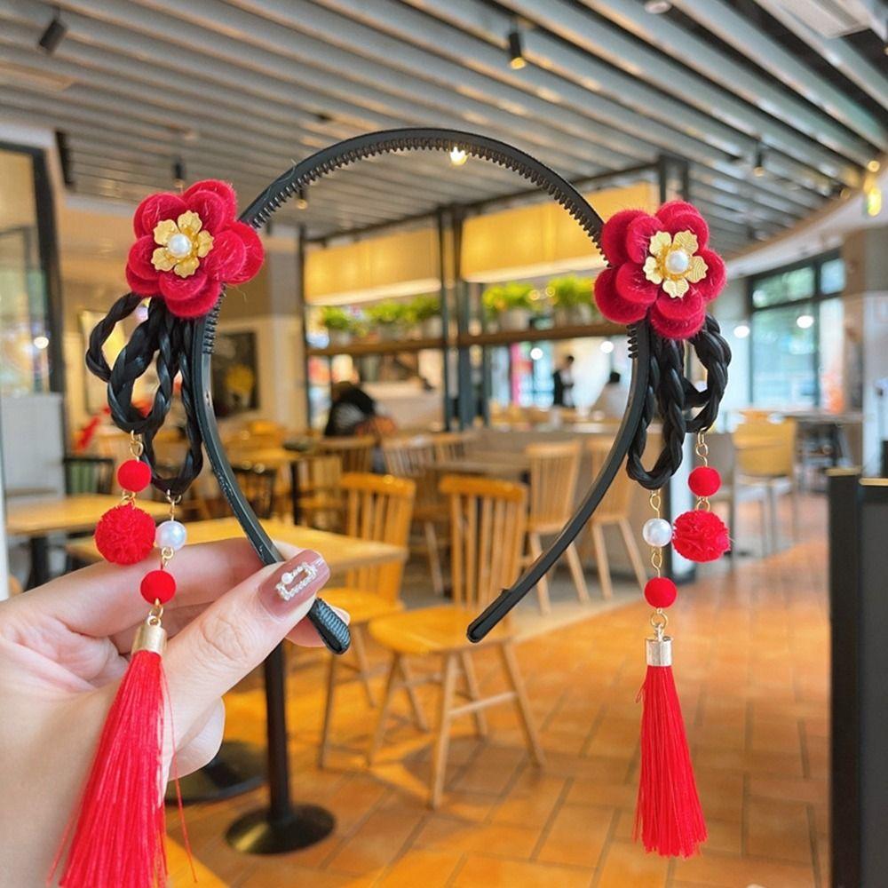 Braid Hair Children Wig Headband Flower Hanfu Hair Sticks Simple Red Bow Hairband Baby