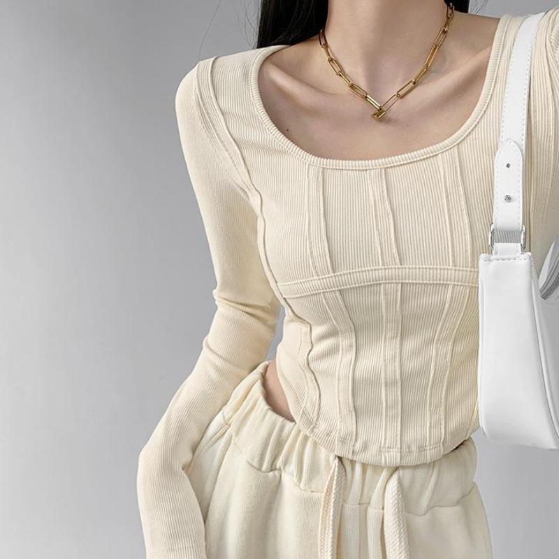 2KWEIRD Y2k Футболка Девочки Кроп-топы Весна Женские С длинным рукавом Круглый вырез Хлопковые рубашки Бюстье Харадзюку Пуловер Уличная одежда Всепогодная футболка