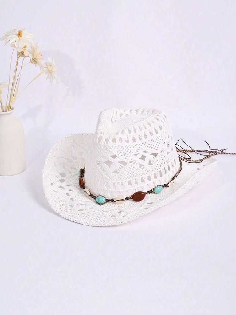 Unisex Straw Cowboy Hat With Beaded Decoration Breathable For Beach Camping Outdoor