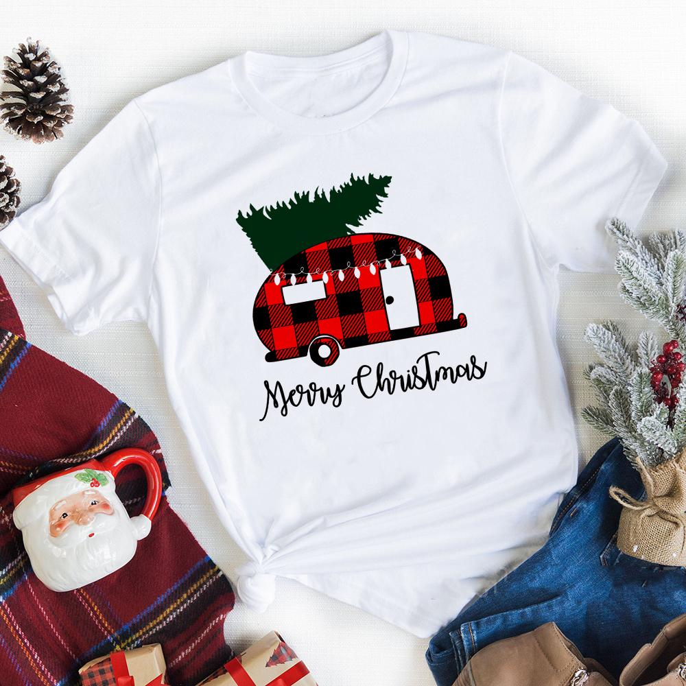 Merry Christmas Plaid Tree Printed T Shirt Fashion Graphic Women Top Tshirt Female Kawaii Tee Ladies