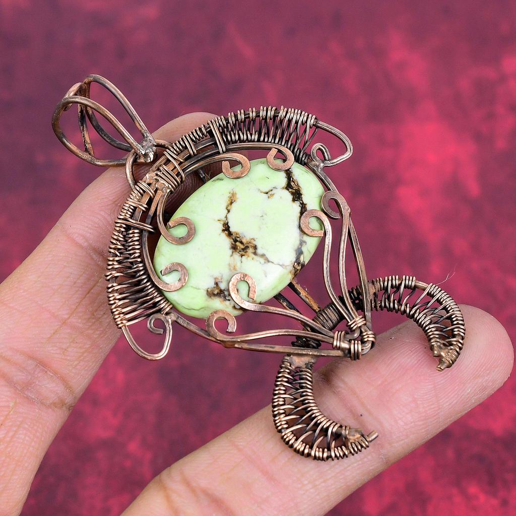 Lemon chrysoprase pendant copper wire wrapped pendant handmade jewelry tortoise pendant natural gemstone pendant gift for her copper jewelry