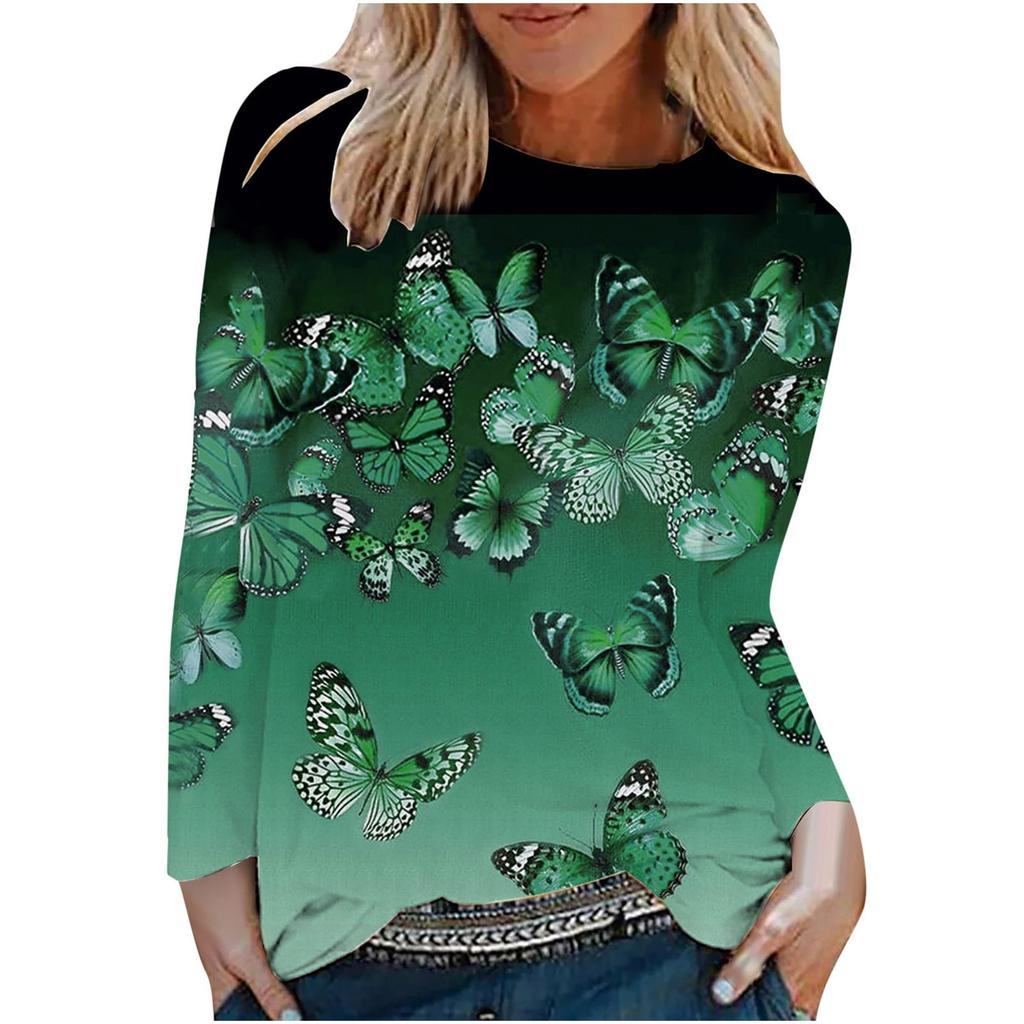 Круглый вырез с принтом в виде 3D-бабочки, модные повседневные женские футболки с длинными рукавами