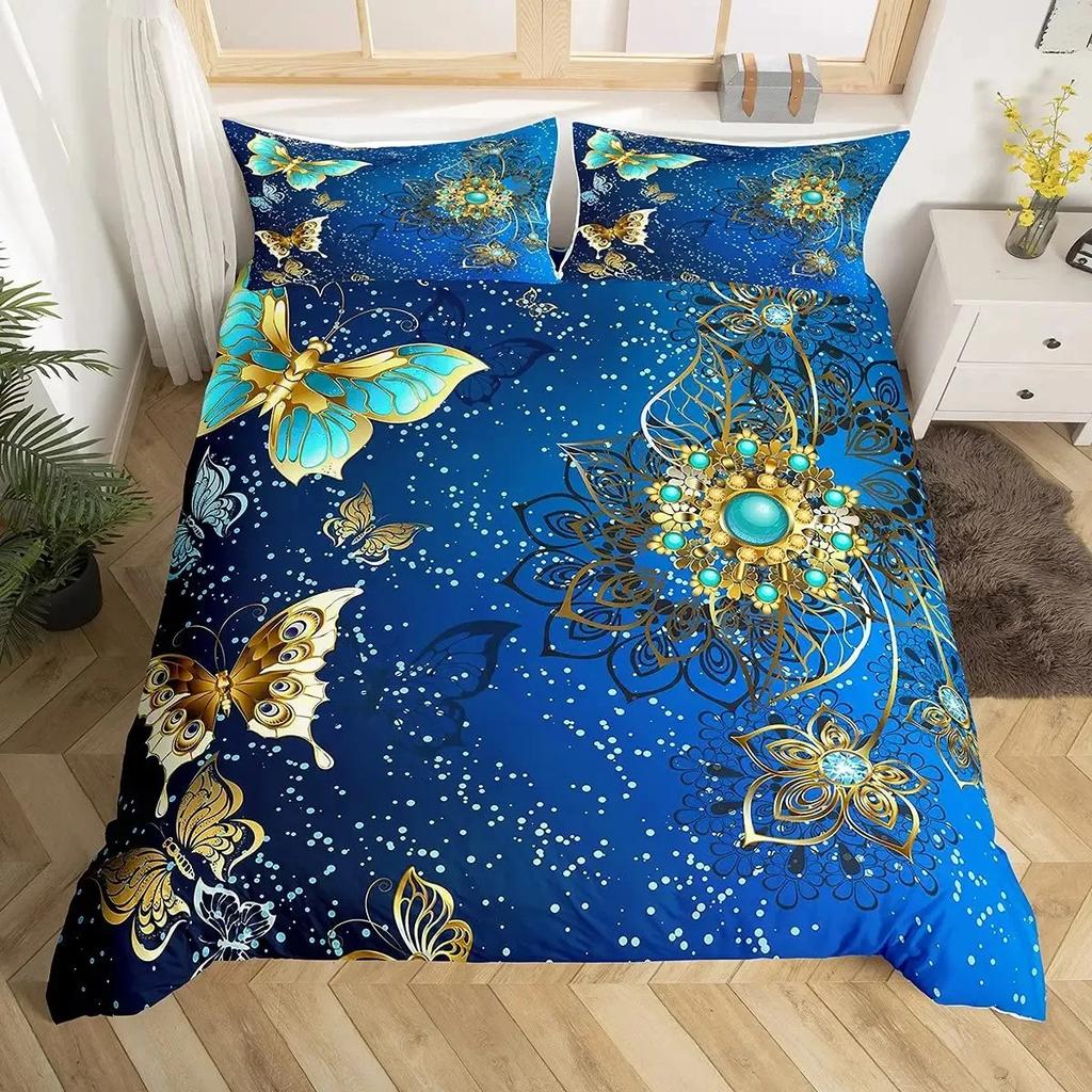 Gold Butterfly Duvet Cover Set for Girls Gold and White Butterflies Bedding Sets Flying Butterfly Black Luxury Comforter Cover