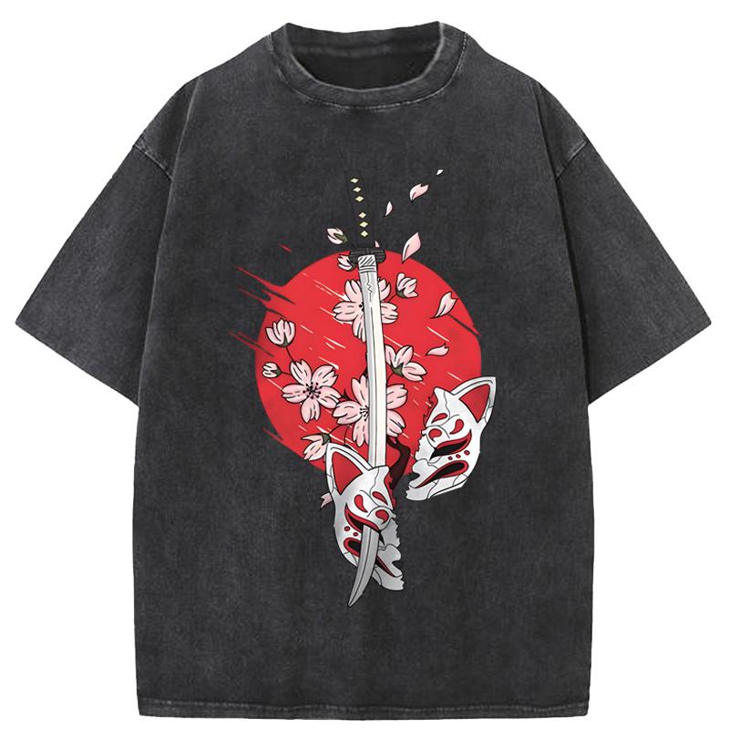 Retro T-Shirts For Men 3d Japanese Samurai Sword Print Male Washed Clothing Street Harajuku Short Sleeved Tees Oversized T-Shirt