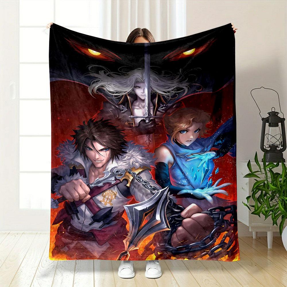A fiery background with characters wielding weapons and magical ice. for all seasons blanket lunch break throw gift