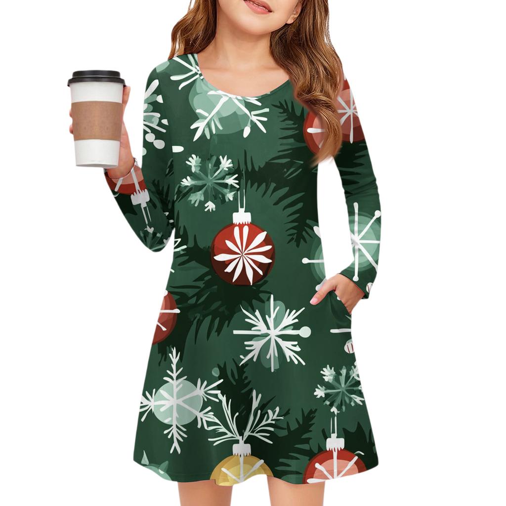 Christmas Day Girls' Long Sleeve Dress - Color Pocket Dress