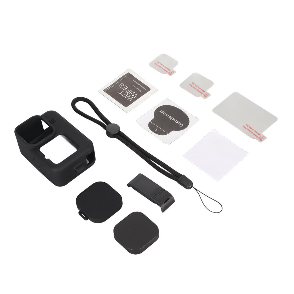 Action Camera Silicone Sleeve Case Tempered Glass Film Lens Cover Charging Side Cover Set Black