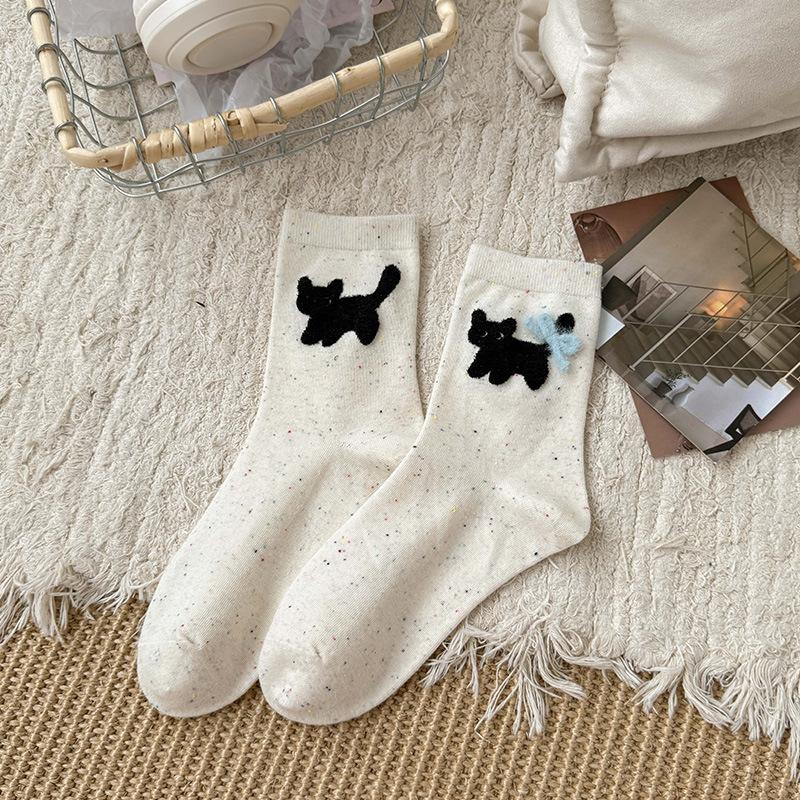Женские весенне-осенние милые носки-трубы без косточек из пряжи Idea со стереоскопическим бантом и мультяшным животным