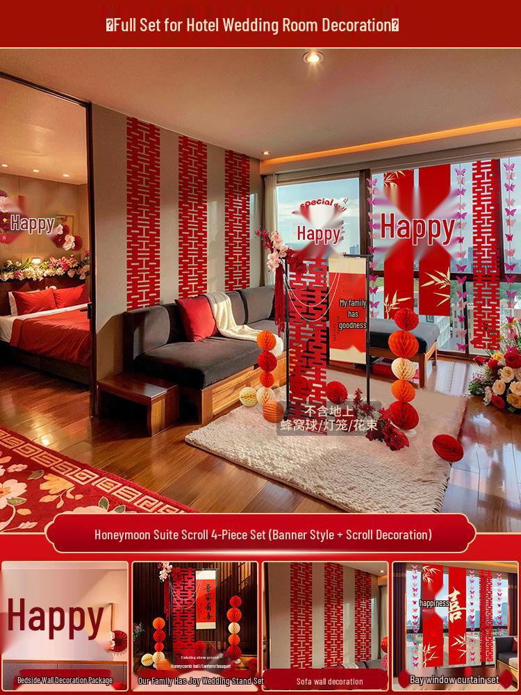 Bridal Wedding Room Decoration Set with No-Trace Double Happiness for Hotels and Living Rooms