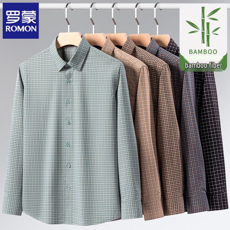ROMON Men's Bamboo Fiber Plaid Long Sleeve Business Casual Shirt