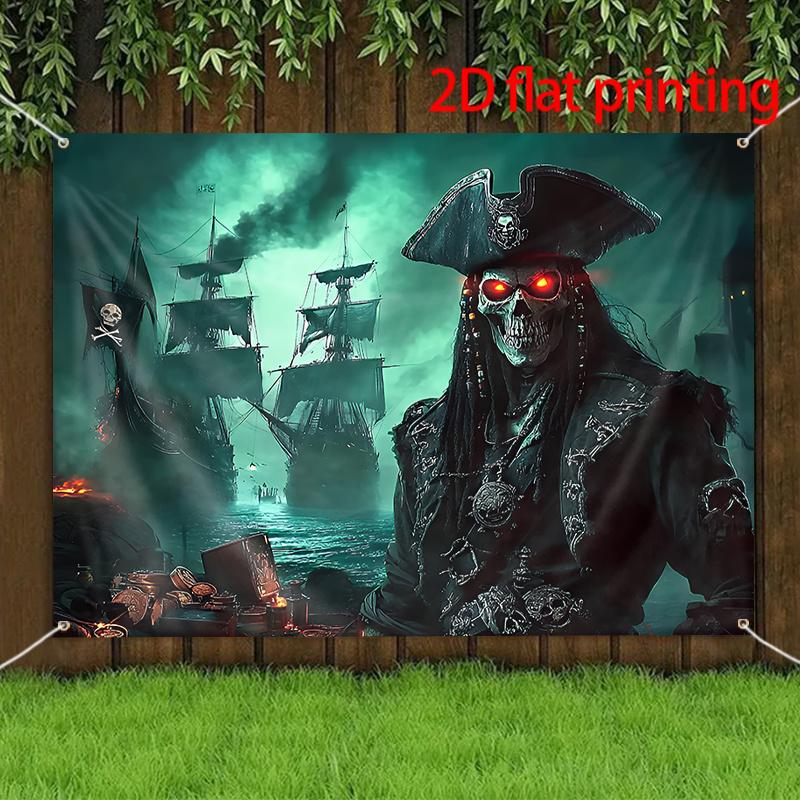 A 2D flat [party banner], depicting an epic undead pirate captain with a radiant eye.zyc