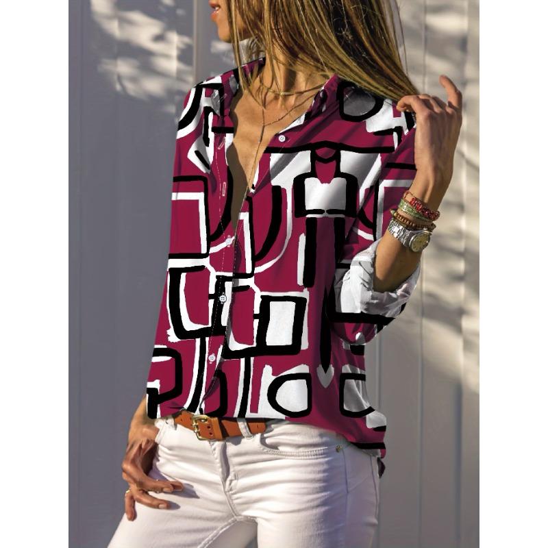 Geo Print Button Front Shirt, Casual Stylish Long Sleeve Shirt For Spring & Fall